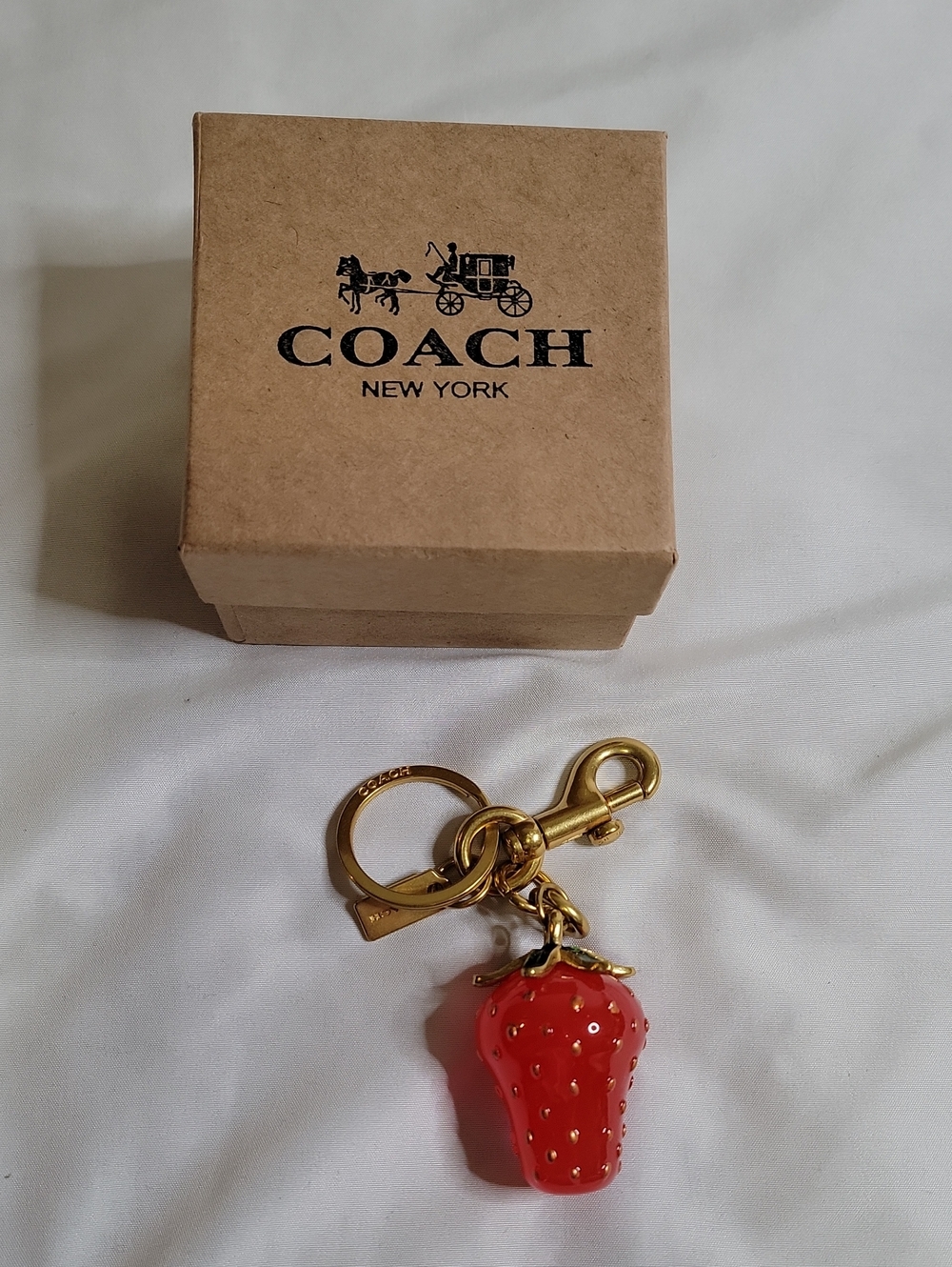 COACH Gold-Tone Keychain with Red Strawberry Charm